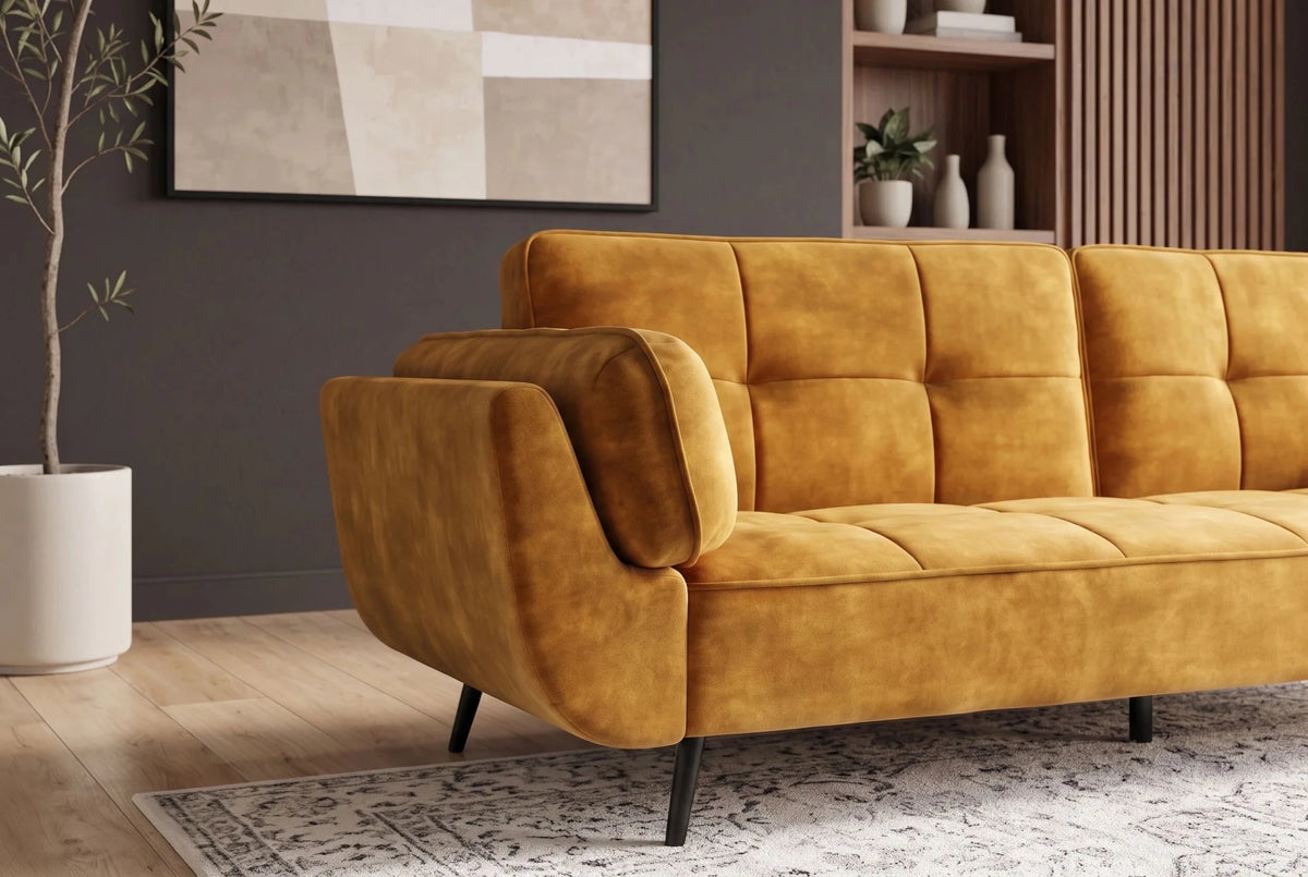 Żółta sofa BOUTIQUE 215 cm w tkaninie velvet z rozkładanym oparciem i metalowymi nóżkami