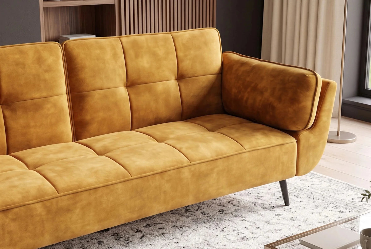 Żółta sofa BOUTIQUE 215 cm w tkaninie velvet z rozkładanym oparciem i metalowymi nóżkami