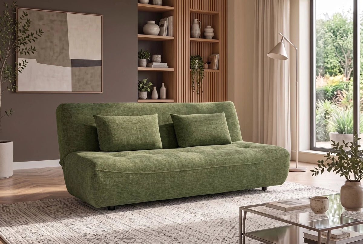 Zielona sofa 200 cm z funkcją spania w tkaninie chenille z dwiema poduszkami dekoracyjnymi