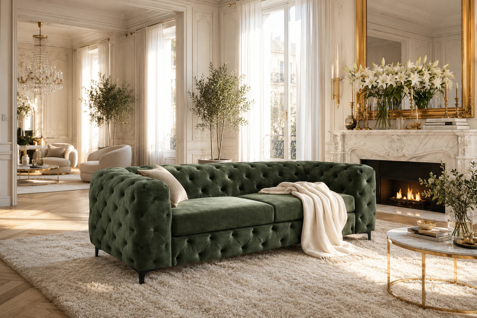 Nowoczesna zielona sofa 3-osobowa 235 cm z aksamitną tapicerką i pikowaniem Chesterfield do salonu