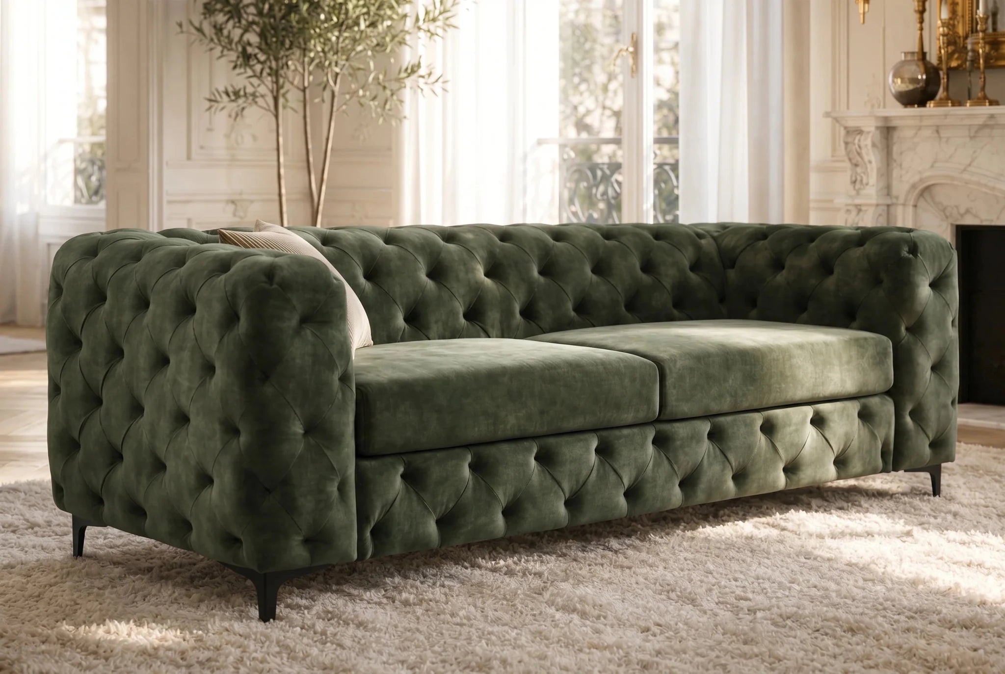 Nowoczesna zielona sofa 3-osobowa 235 cm z aksamitną tapicerką i pikowaniem Chesterfield do salonu