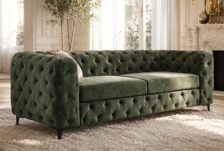 Nowoczesna zielona sofa 3-osobowa 235 cm z aksamitną tapicerką i pikowaniem Chesterfield do salonu