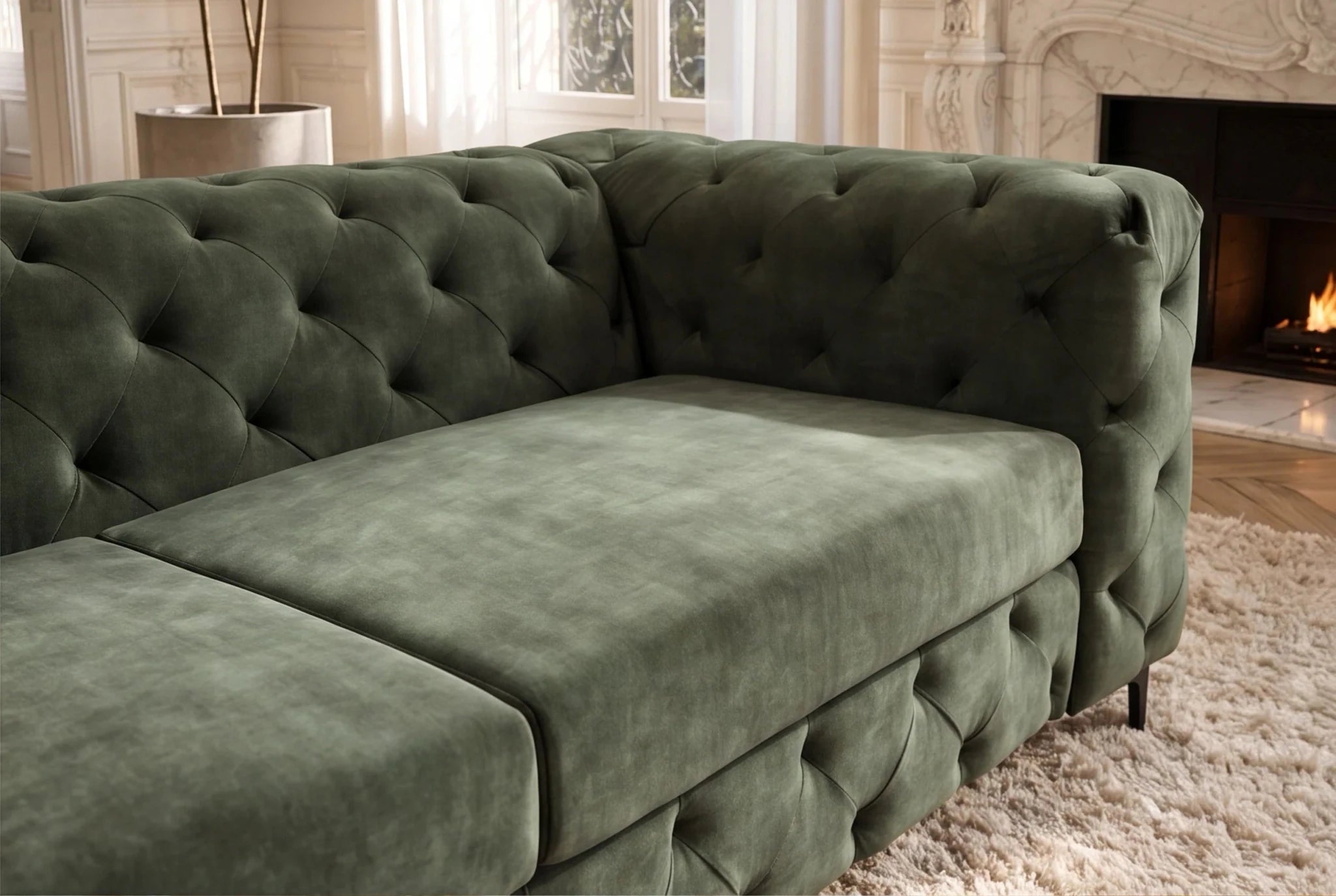 Nowoczesna zielona sofa 3-osobowa 235 cm z aksamitną tapicerką i pikowaniem Chesterfield do salonu