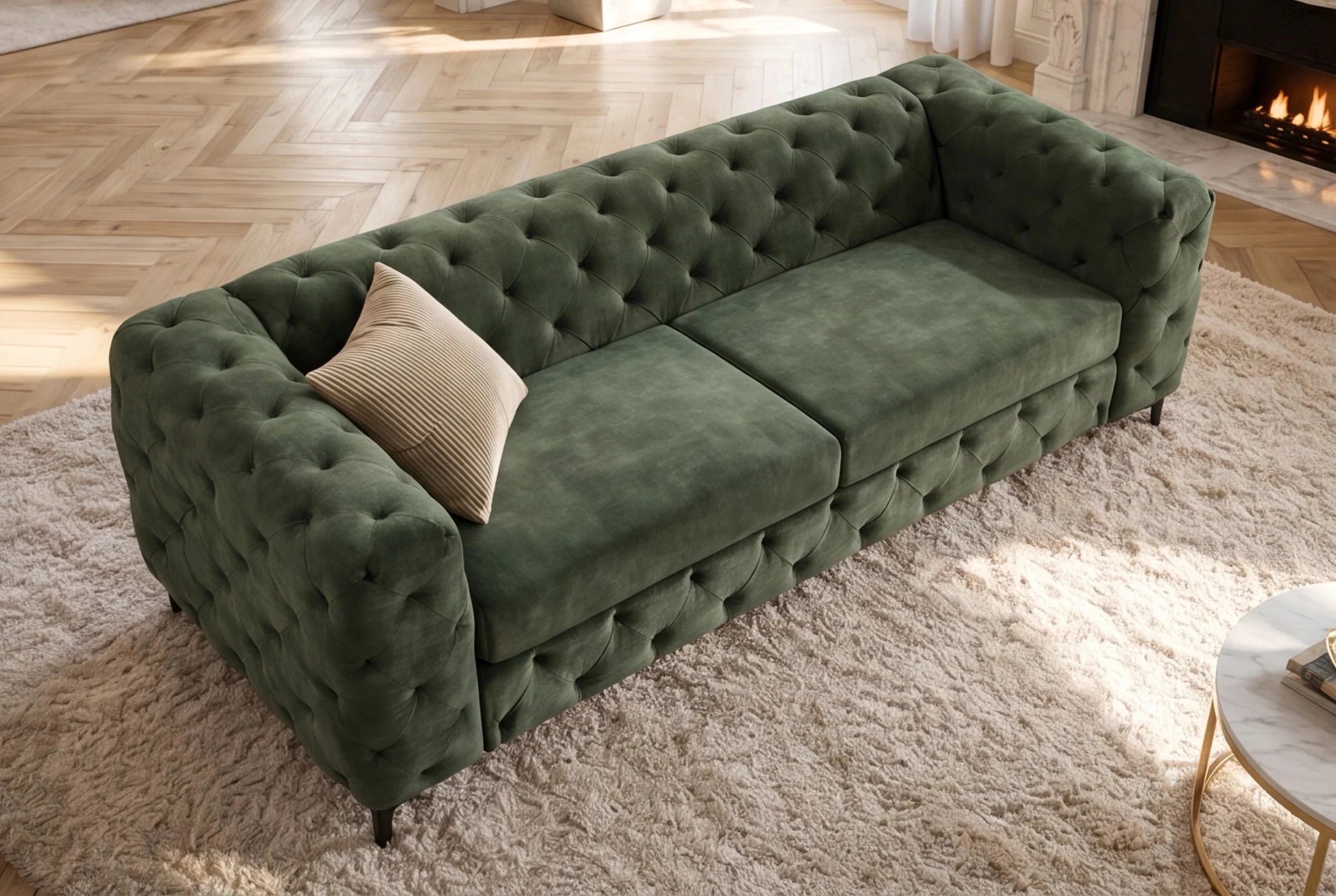 Nowoczesna zielona sofa 3-osobowa 235 cm z aksamitną tapicerką i pikowaniem Chesterfield do salonu