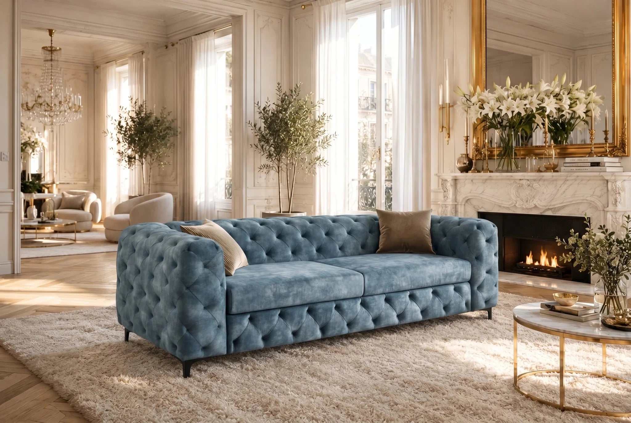 Nowoczesna niebieska sofa 3-osobowa 235 cm z aksamitną tapicerką i pikowaniem Chesterfield do salonu