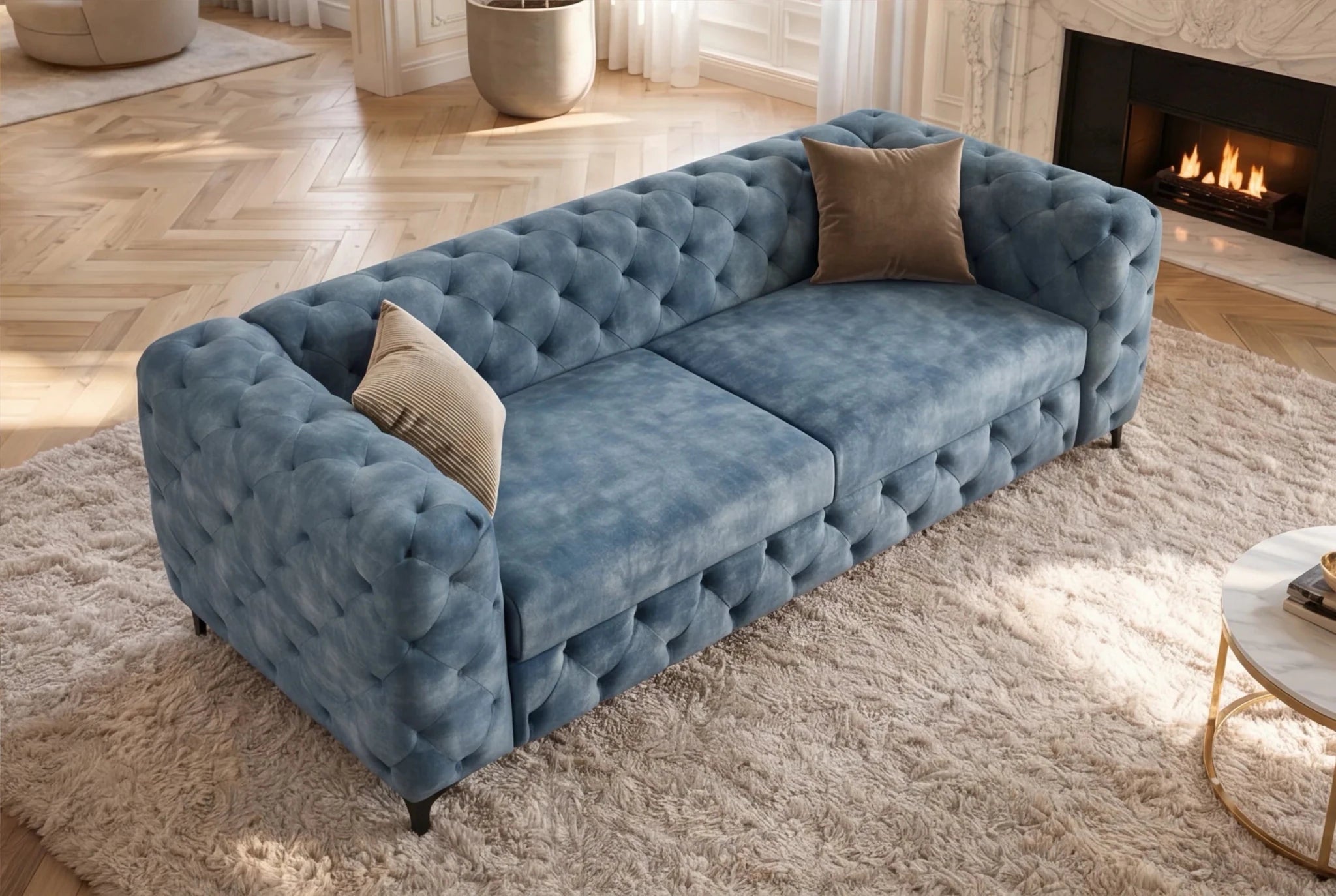 Nowoczesna niebieska sofa 3-osobowa 235 cm z aksamitną tapicerką i pikowaniem Chesterfield do salonu