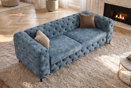 Nowoczesna niebieska sofa 3-osobowa 235 cm z aksamitną tapicerką i pikowaniem Chesterfield do salonu
