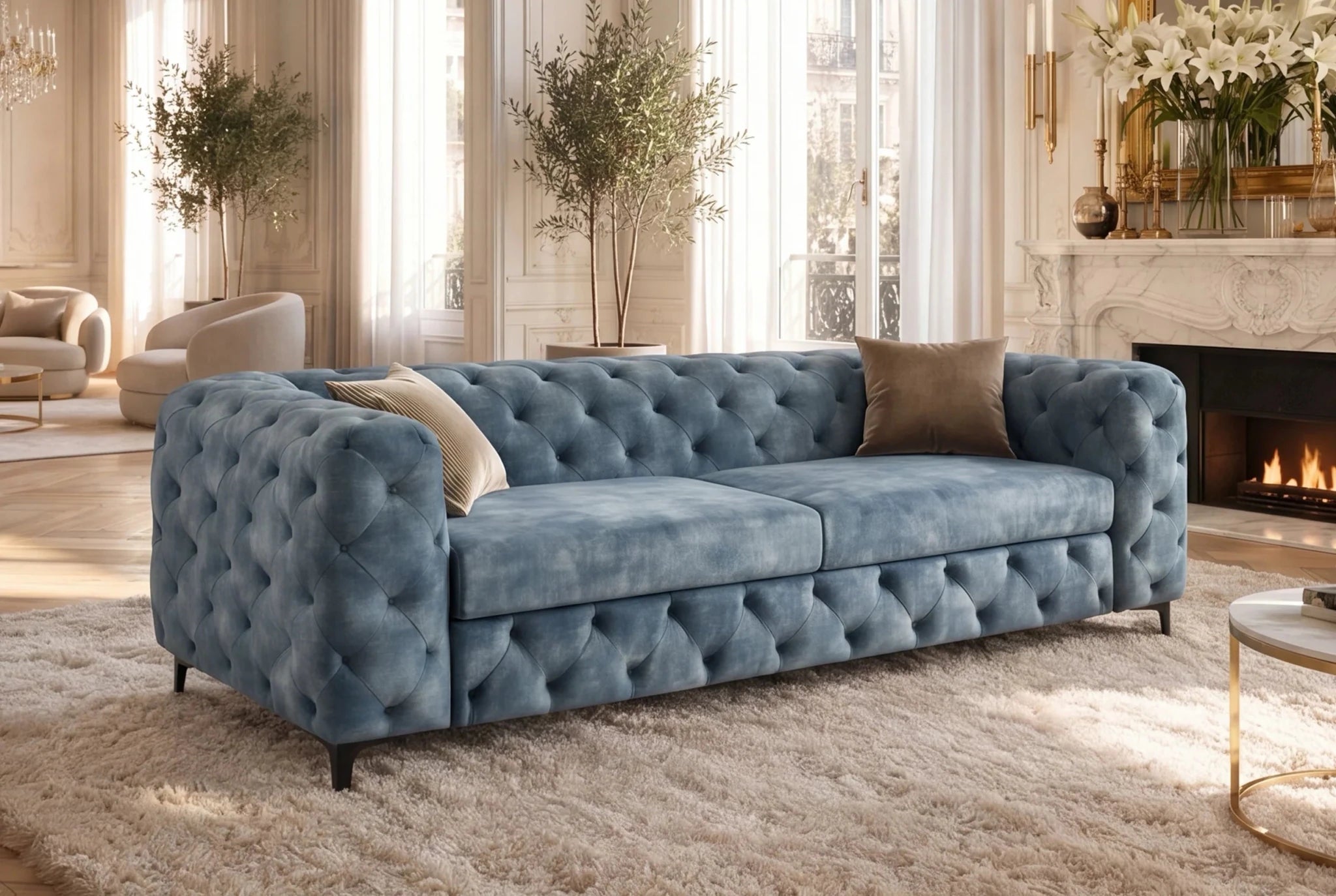 Nowoczesna niebieska sofa 3-osobowa 235 cm z aksamitną tapicerką i pikowaniem Chesterfield do salonu
