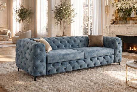 Nowoczesna niebieska sofa 3-osobowa 235 cm z aksamitną tapicerką i pikowaniem Chesterfield do salonu