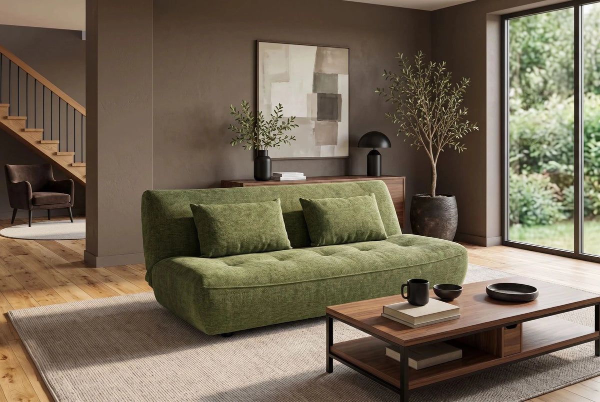 Zielona sofa 200 cm z funkcją spania w tkaninie chenille z dwiema poduszkami dekoracyjnymi