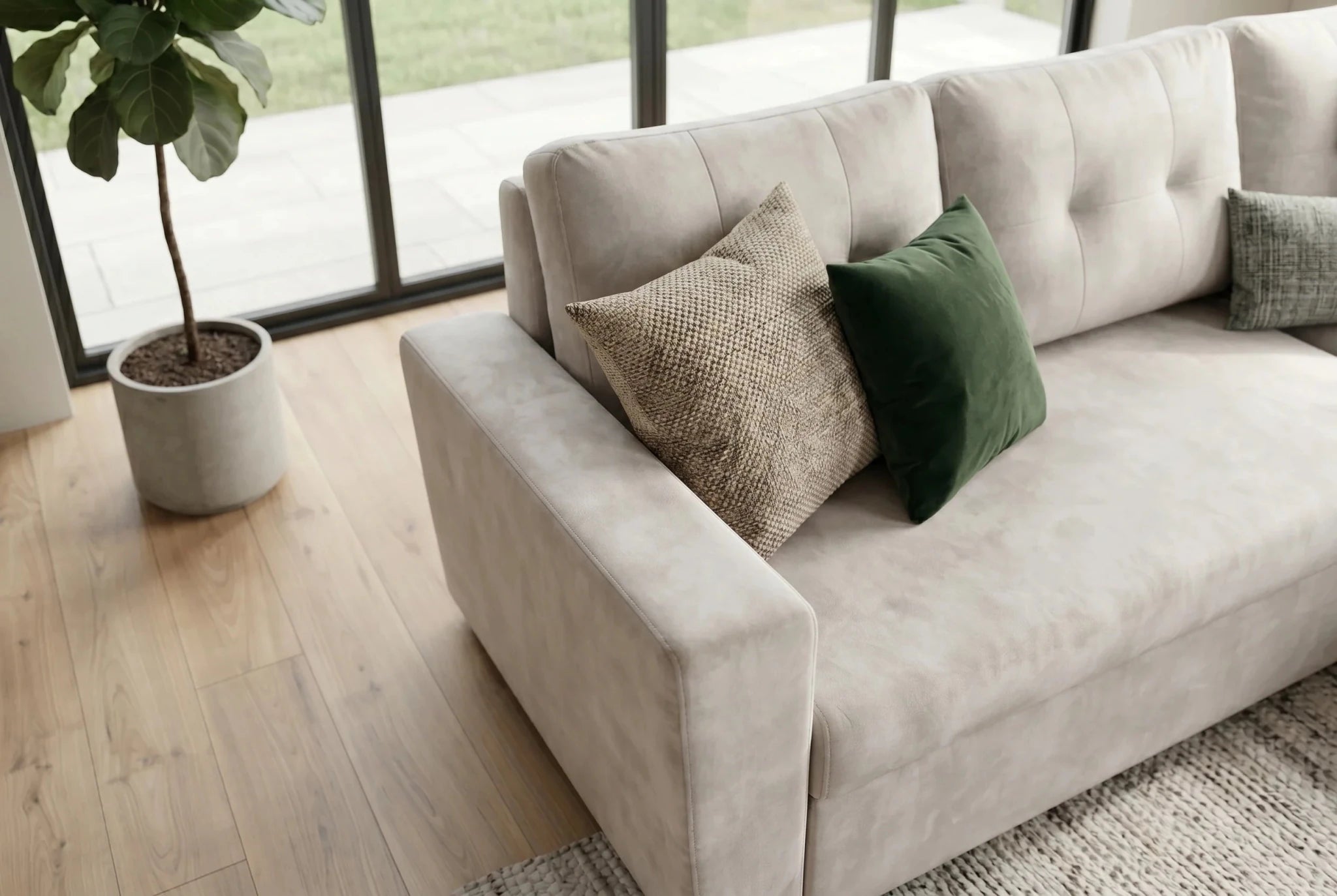 Beżowa sofa narożna z aksamitną tapicerką i czarnymi nogami do salonu