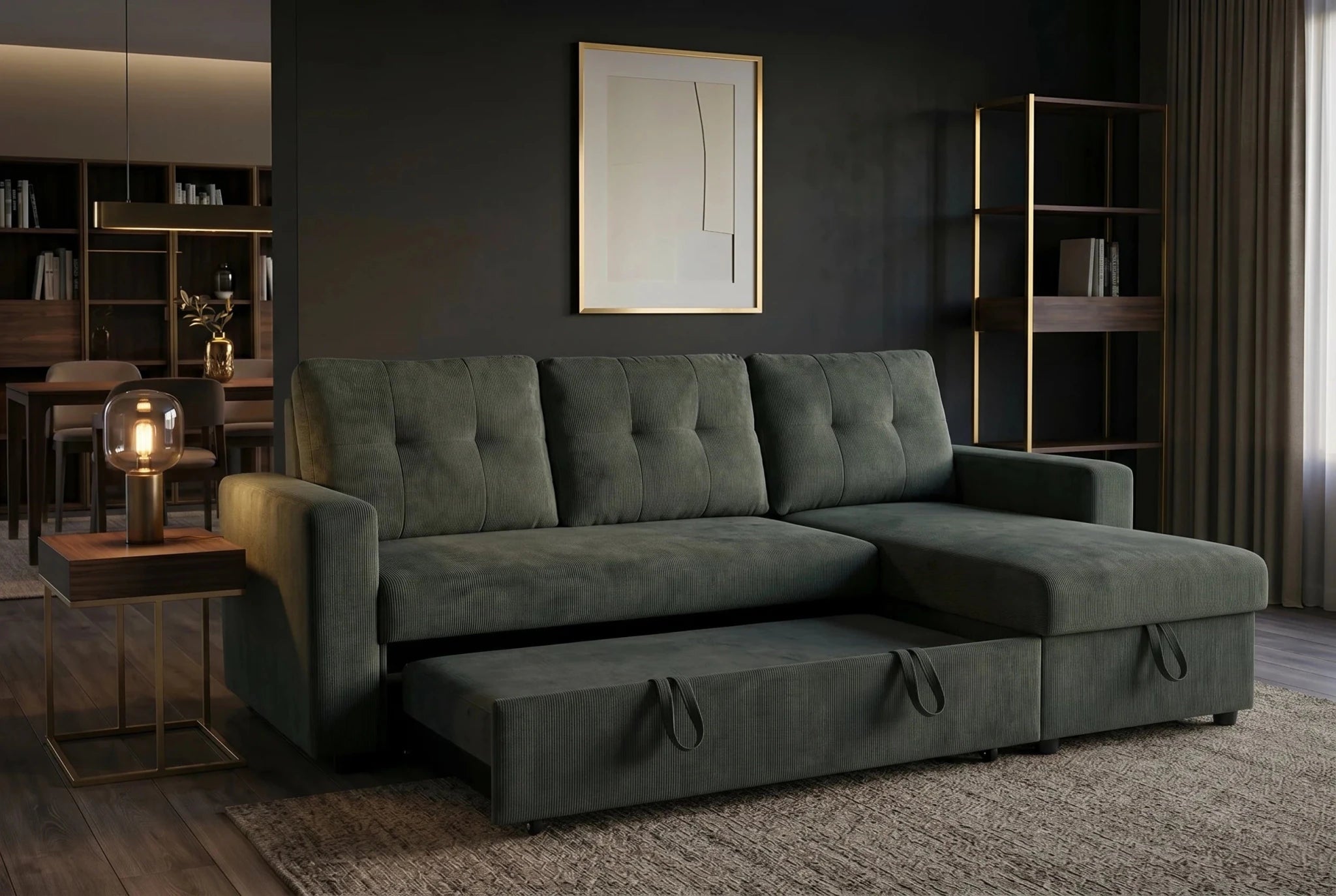 Nowoczesna sofa rozkładana 202 cm do salonu, tkanina sztruks
