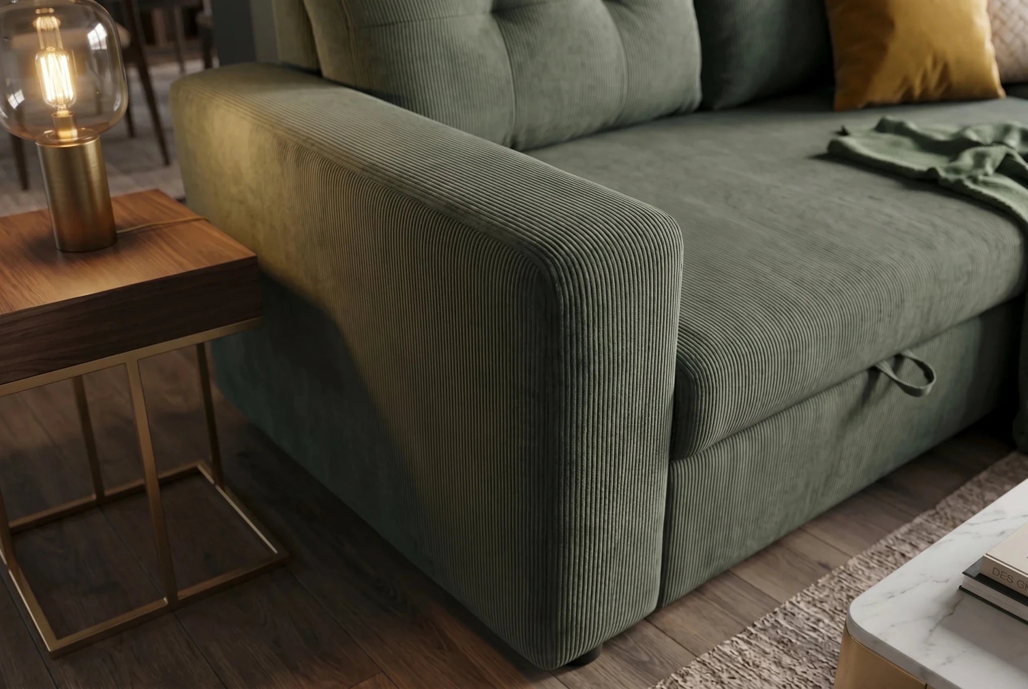 Nowoczesna sofa rozkładana 202 cm do salonu, tkanina sztruks