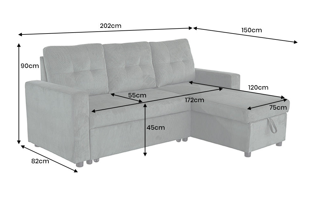 Nowoczesna sofa rozkładana 202 cm do salonu, tkanina sztruks