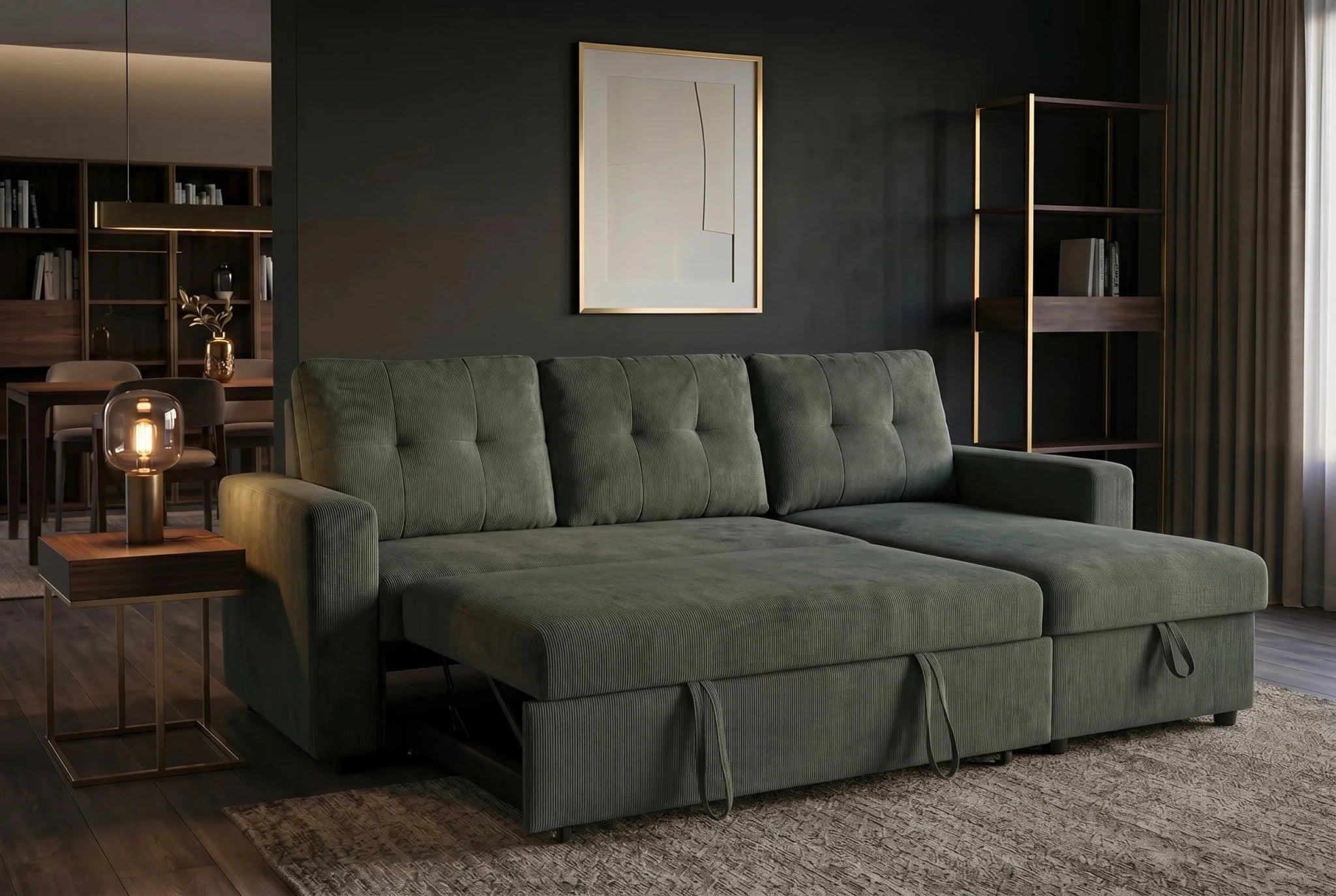 Nowoczesna sofa rozkładana 202 cm do salonu, tkanina sztruks