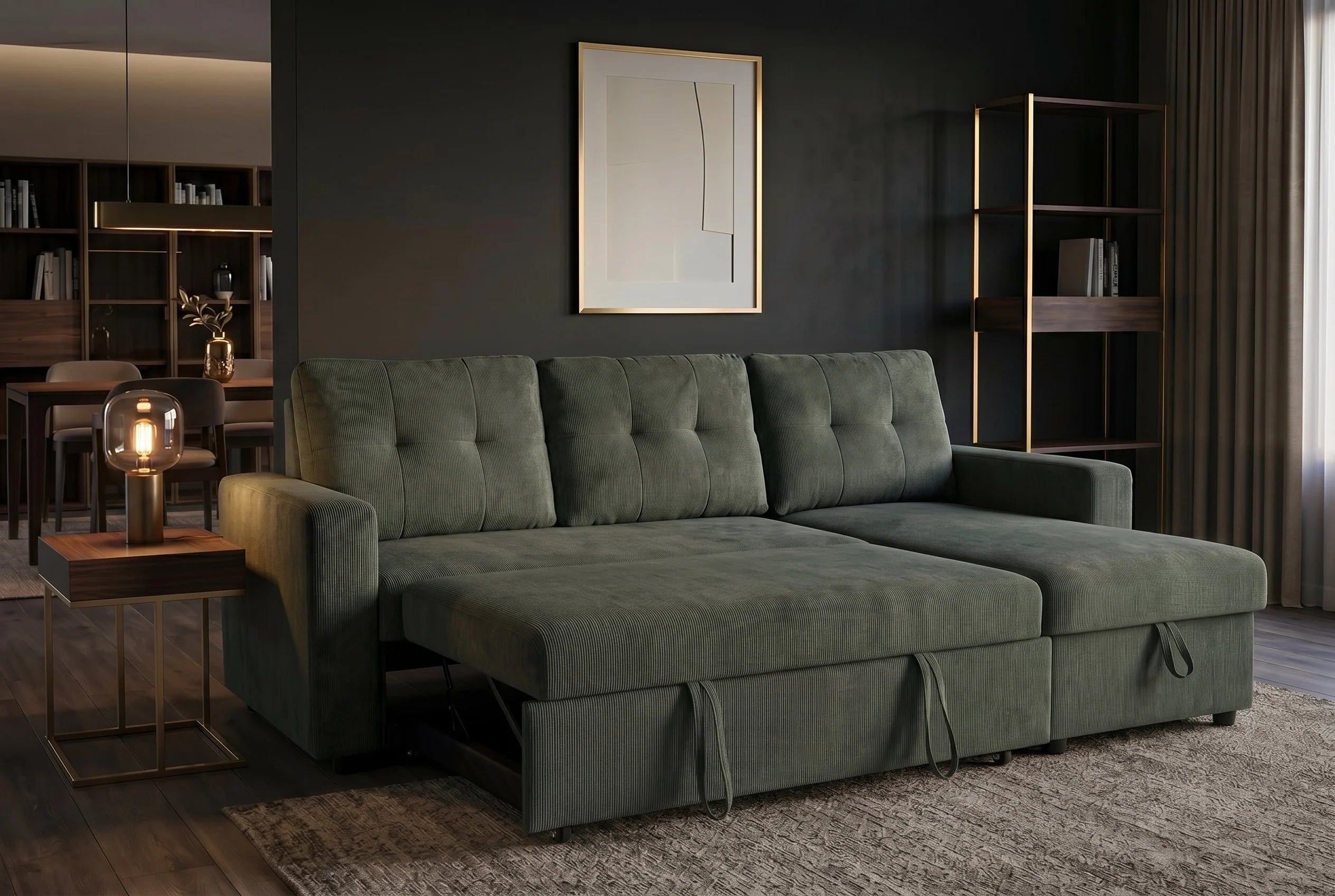 Nowoczesna sofa rozkładana 202 cm do salonu, tkanina sztruks
