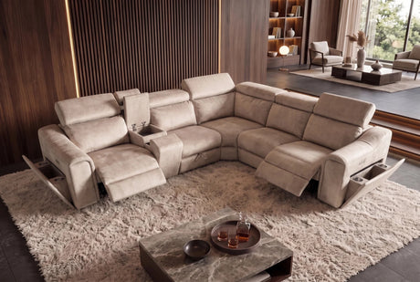 Beżowy narożnik PRIME w tkaninie velvet z elektryczną funkcją relax i schowkiem w nowoczesnym salonie