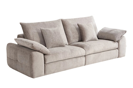Beżowa sofa 260 cm w tkaninie szenilowej z miękkimi poduszkami do nowoczesnego salonu.