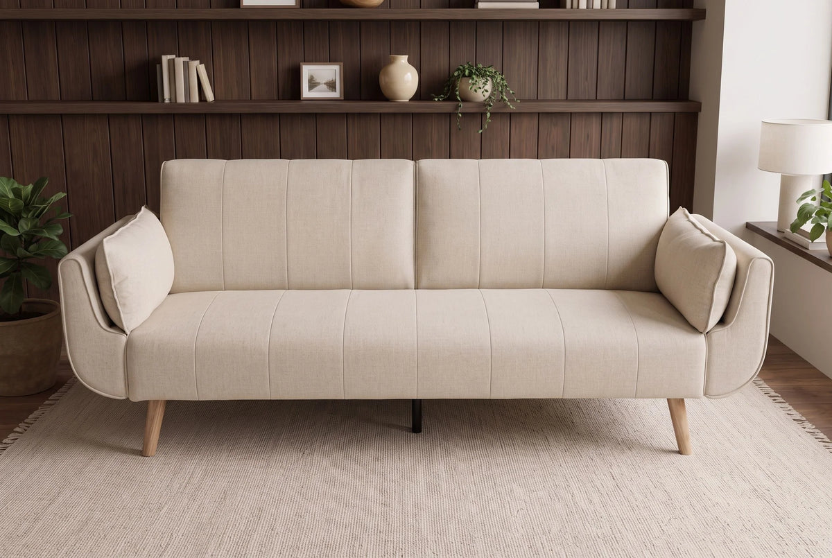 Rozkładana sofa beżowa z funkcją spania, tkaniną strukturalną i drewnianymi nogami.