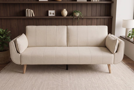 Rozkładana sofa beżowa z funkcją spania, tkaniną strukturalną i drewnianymi nogami.