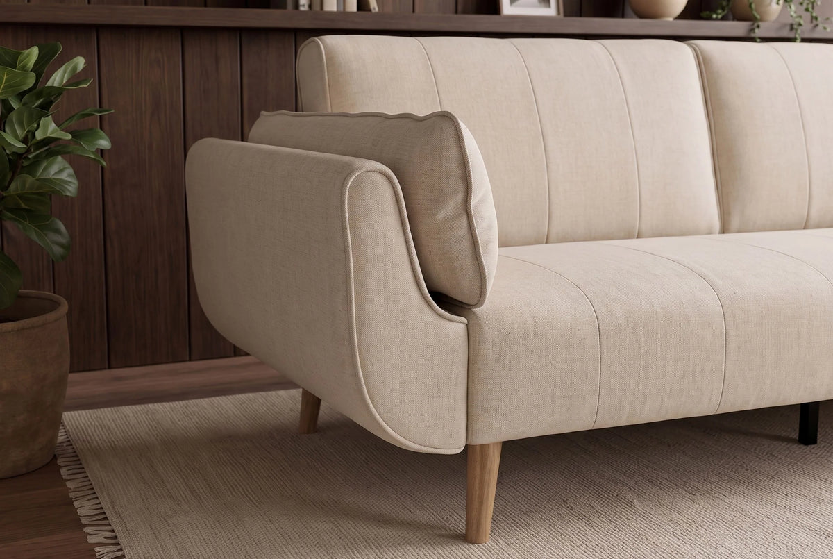 Rozkładana sofa beżowa z funkcją spania, tkaniną strukturalną i drewnianymi nogami.