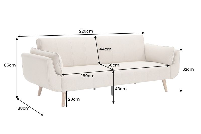 Rozkładana sofa beżowa z funkcją spania, tkaniną strukturalną i drewnianymi nogami.