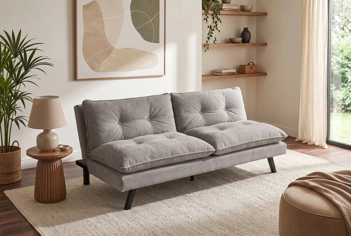 Beżowa sofa rozkładana 190 cm z tapicerką szenilową i czarnymi nogami z drewna eukaliptusowego
