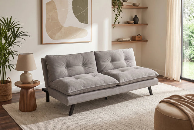 Beżowa sofa rozkładana 190 cm z tapicerką szenilową i czarnymi nogami z drewna eukaliptusowego