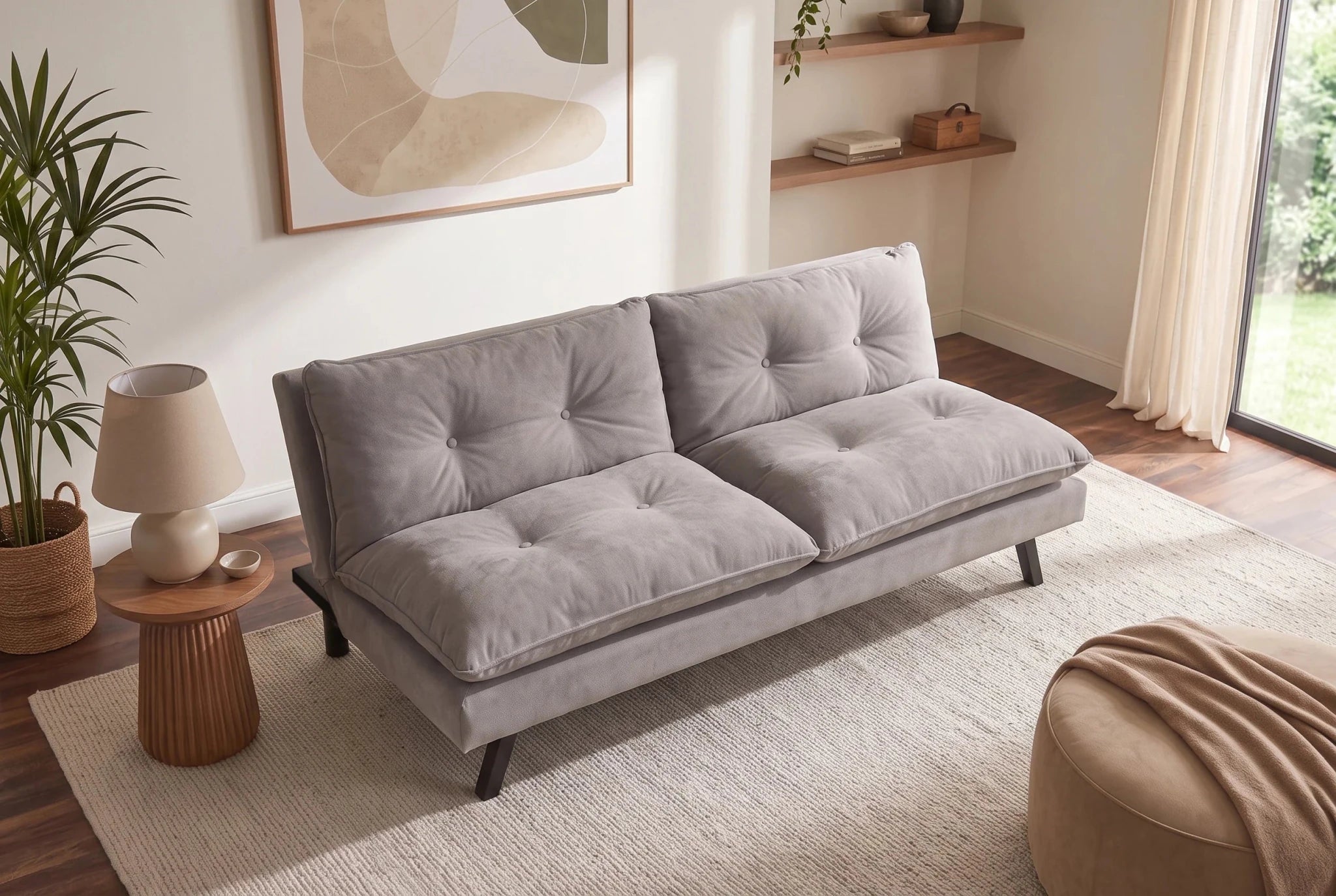 Beżowa sofa rozkładana 190 cm z tapicerką szenilową i czarnymi nogami z drewna eukaliptusowego