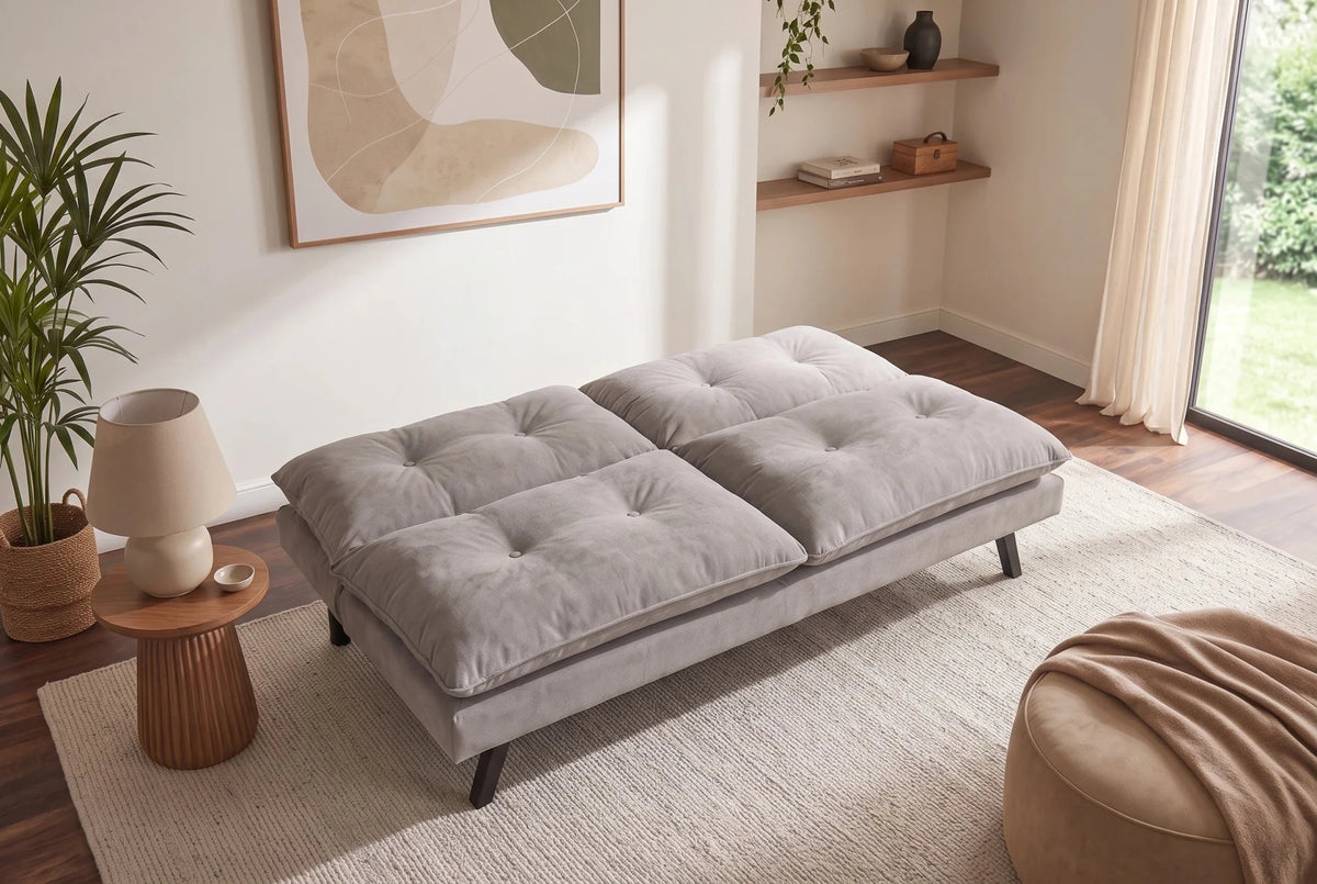 Beżowa sofa rozkładana 190 cm z tapicerką szenilową i czarnymi nogami z drewna eukaliptusowego