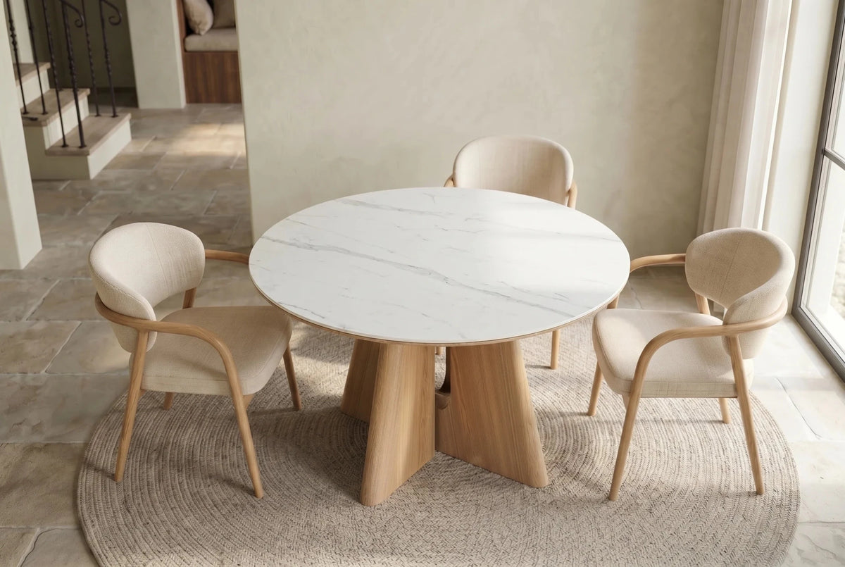 Okrągły stół 120 cm ceramiczny blat , podstawą w optyce naturalnego dębu do nowoczesnego salonu i jadalni.