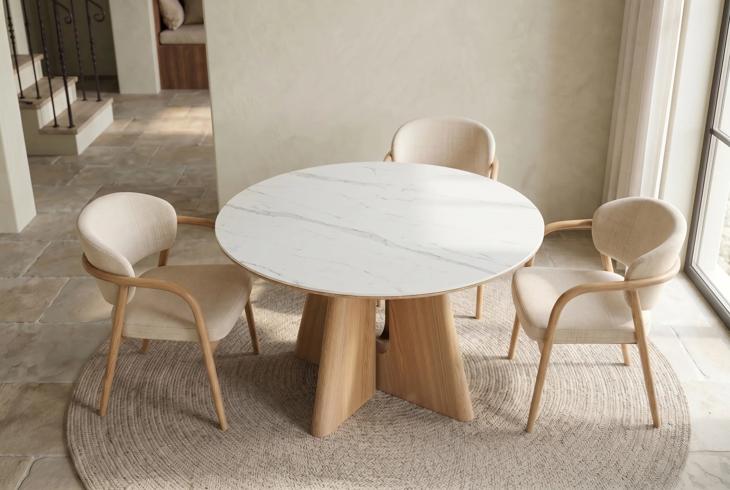 Okrągły stół 120 cm ceramiczny blat , podstawą w optyce naturalnego dębu do nowoczesnego salonu i jadalni.