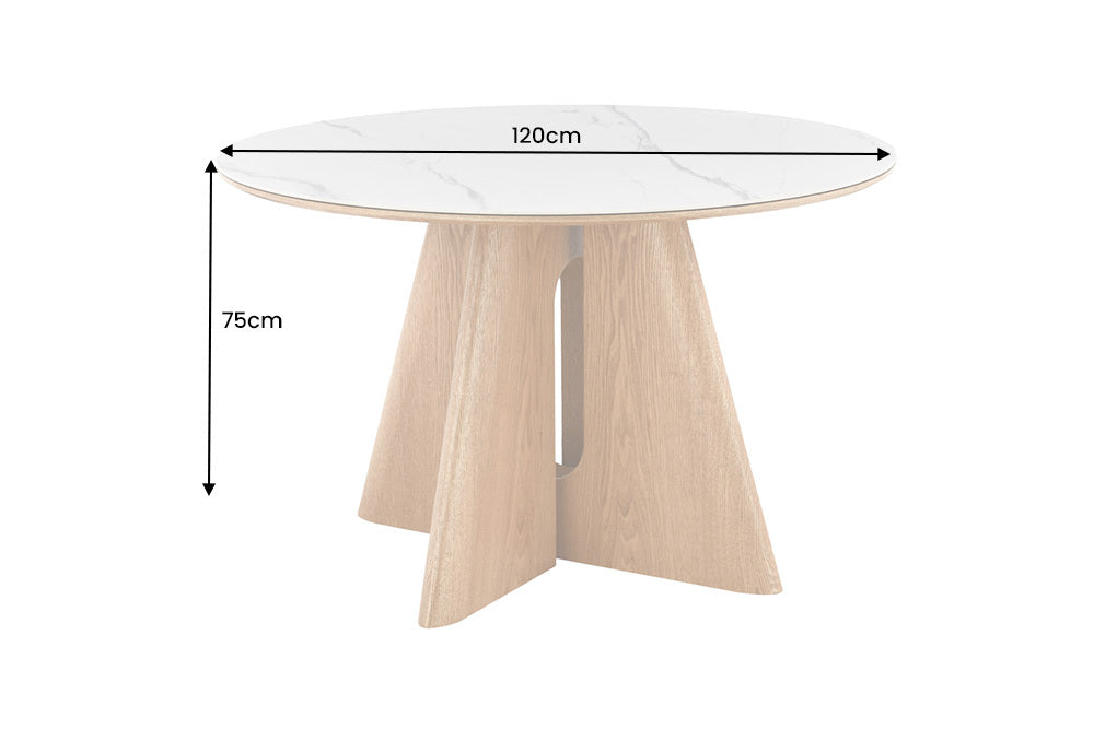Okrągły stół 120 cm ceramiczny blat , podstawą w optyce naturalnego dębu do nowoczesnego salonu i jadalni.