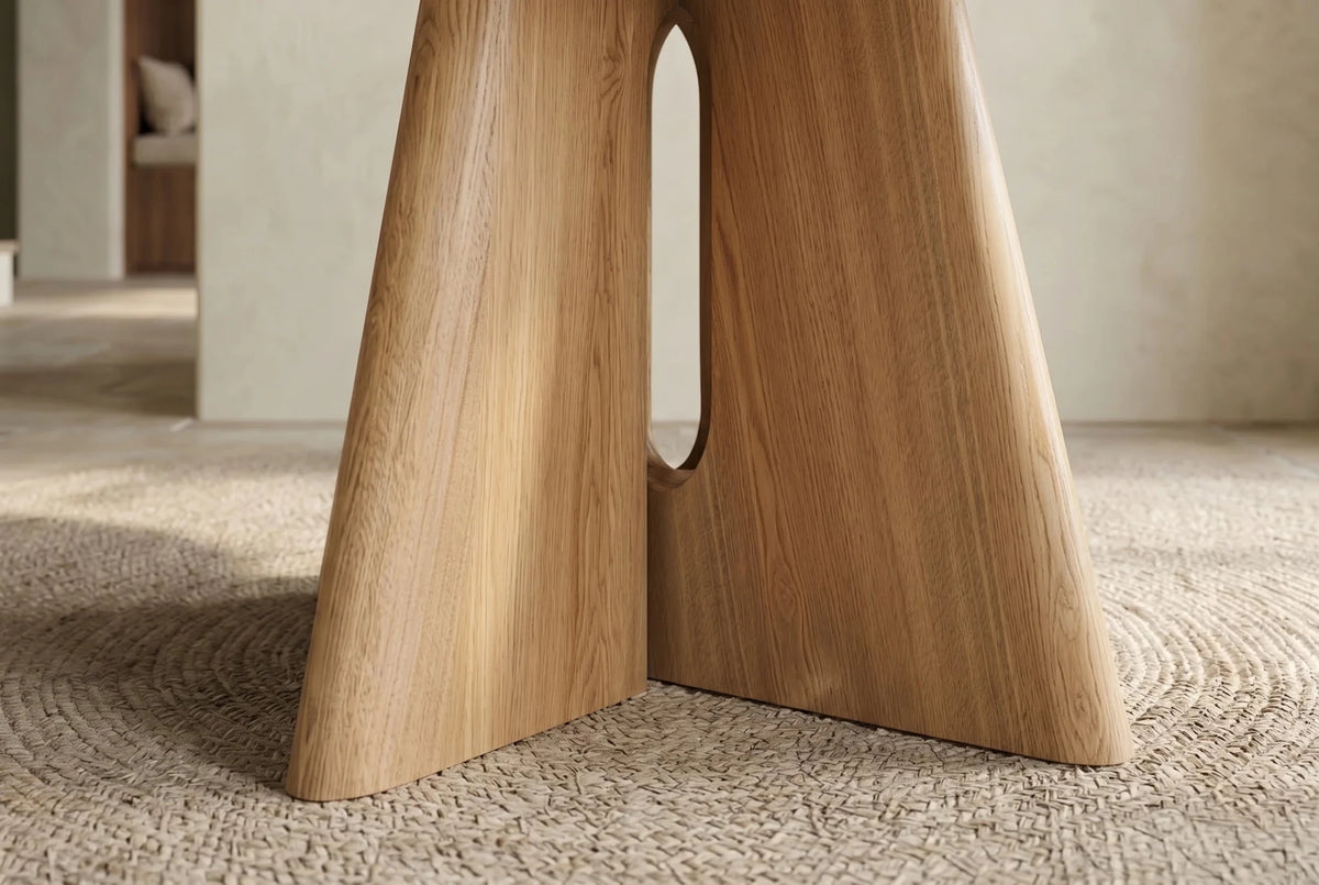 Okrągły stół 120 cm ceramiczny blat , podstawą w optyce naturalnego dębu do nowoczesnego salonu i jadalni.