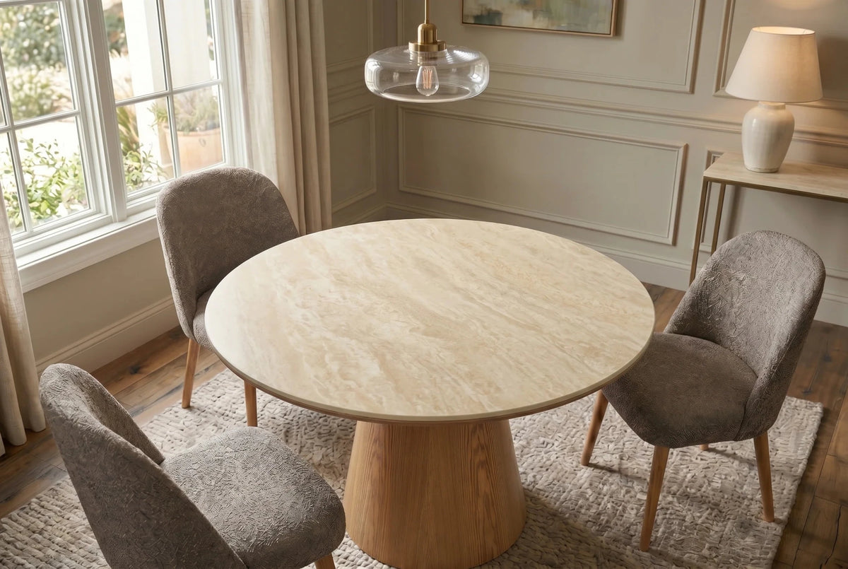 Okrągły stół 120 cm z beżowym ceramicznym blatem i podstawa w optyce dębu do salonu.