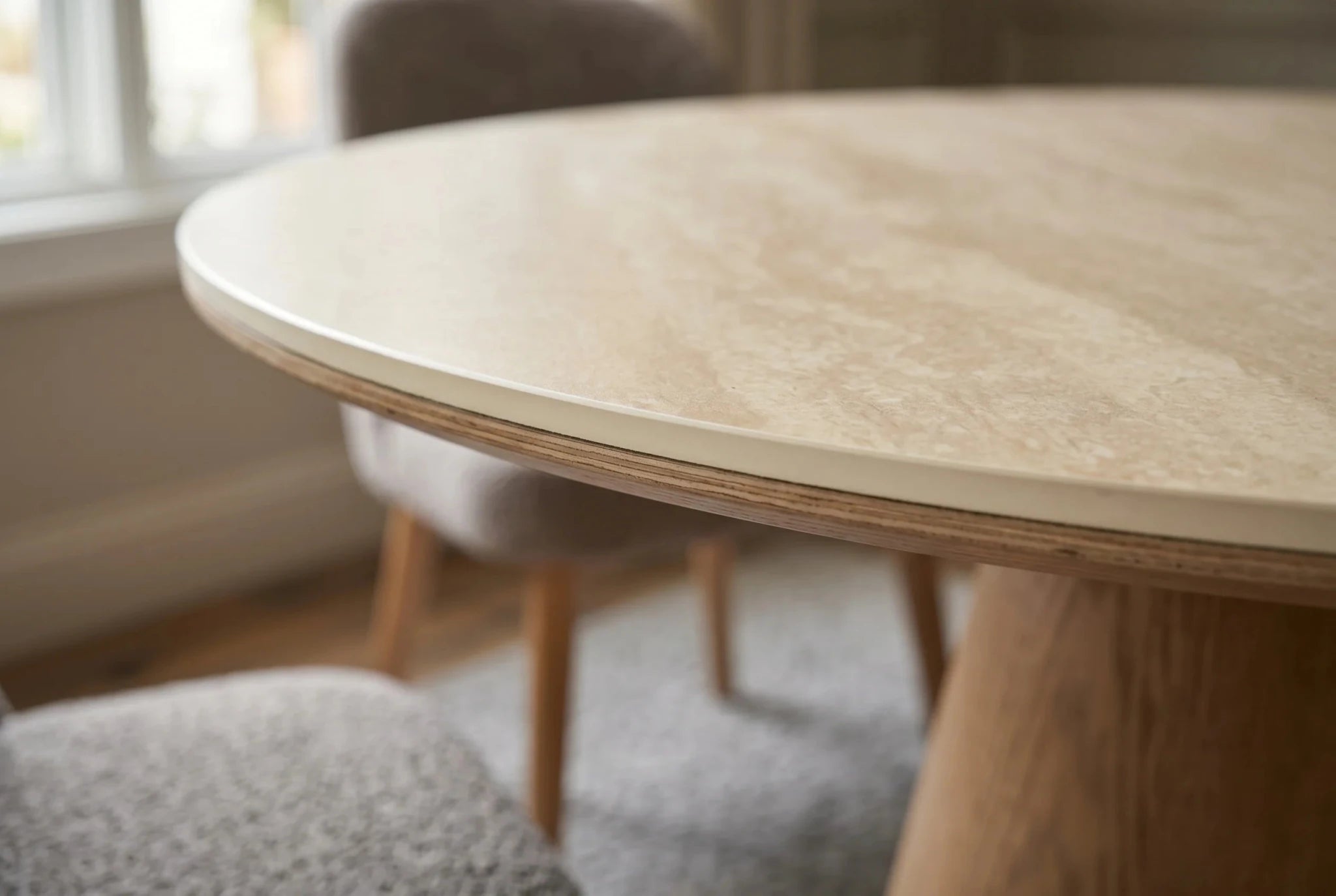 Okrągły stół 120 cm z beżowym ceramicznym blatem i podstawa w optyce dębu do salonu.