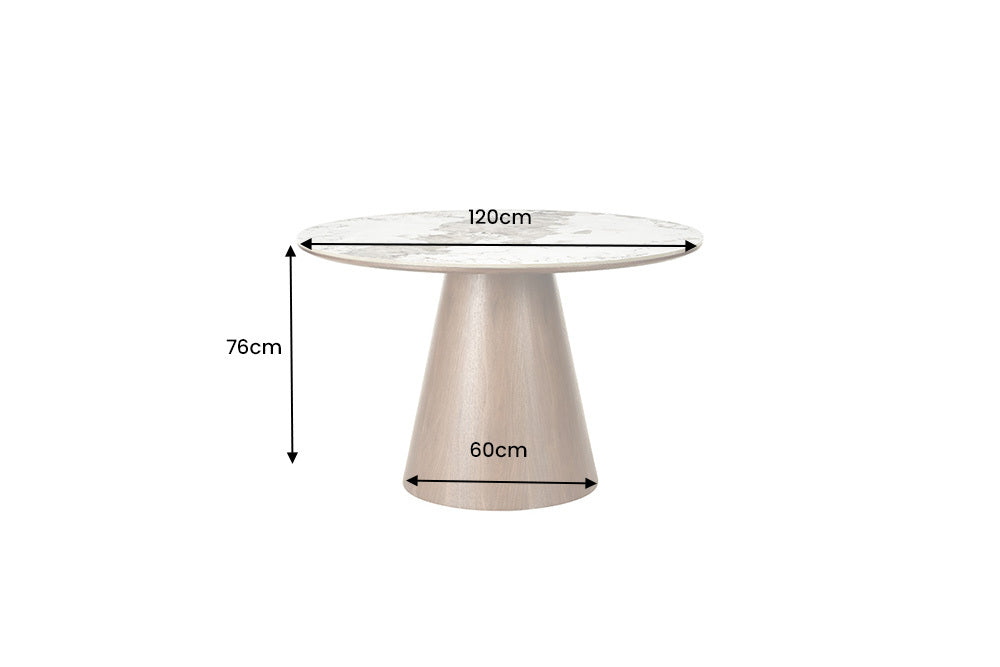 Okrągły stół 120 cm z ceramicznym blatem i brązową stożkową podstawą do salonu.