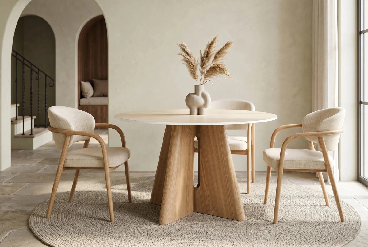 Okrągły stół 120 cm ceramiczny blat, podstawa optyka naturalny dąb do salonu.