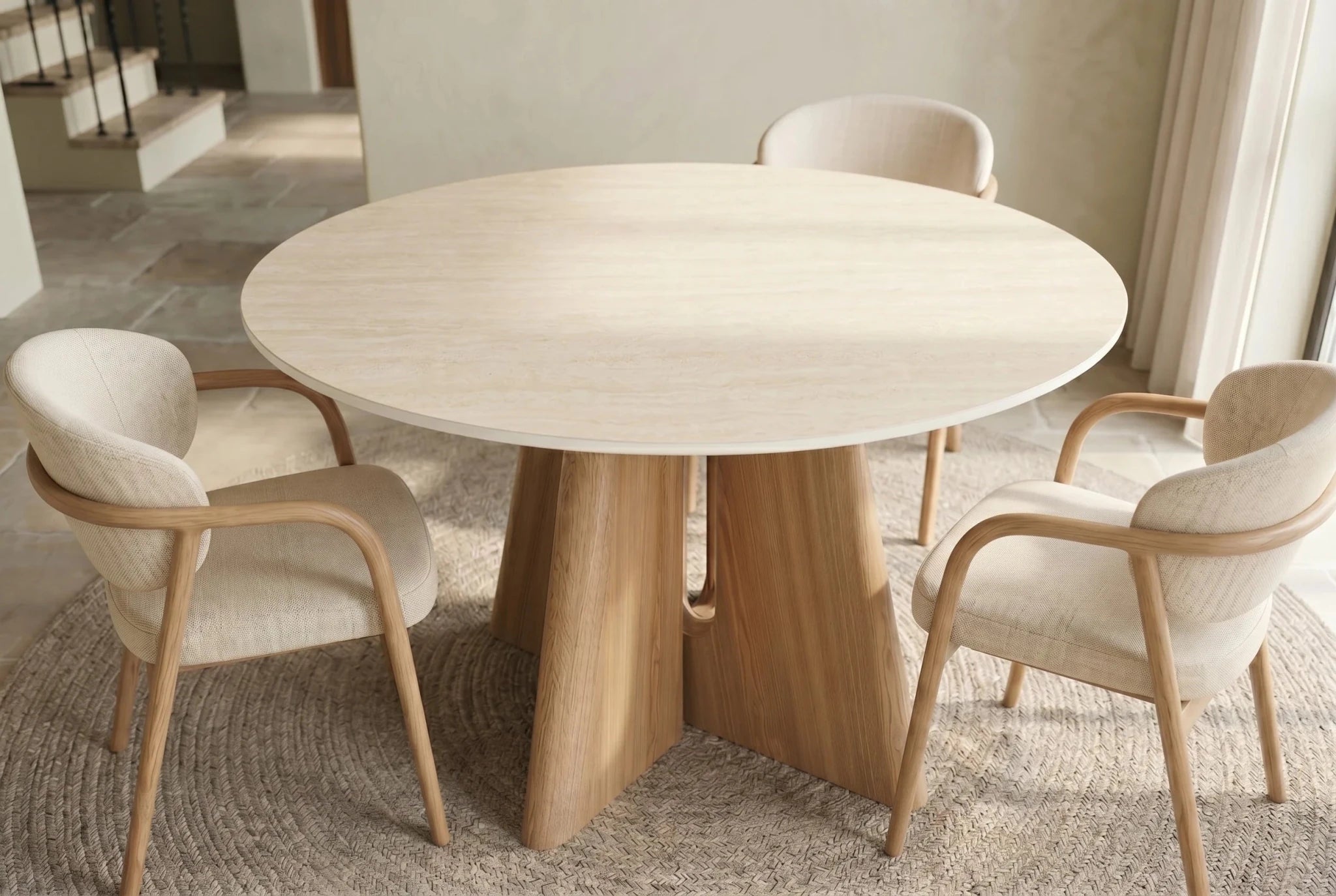 Okrągły stół 120 cm ceramiczny blat, podstawa optyka naturalny dąb do salonu.