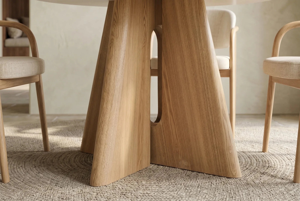 Okrągły stół 120 cm ceramiczny blat, podstawa optyka naturalny dąb do salonu.