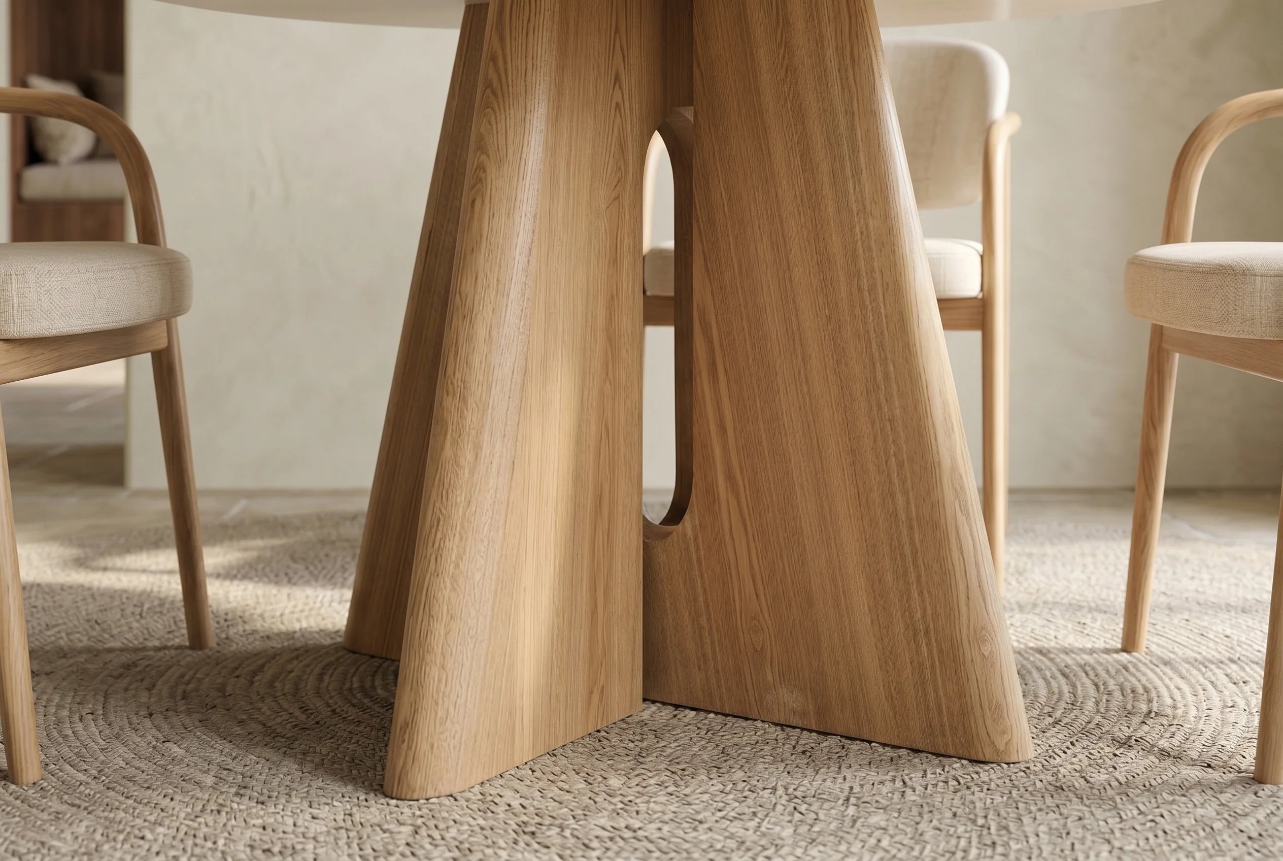 Okrągły stół 120 cm ceramiczny blat, podstawa optyka naturalny dąb do salonu.