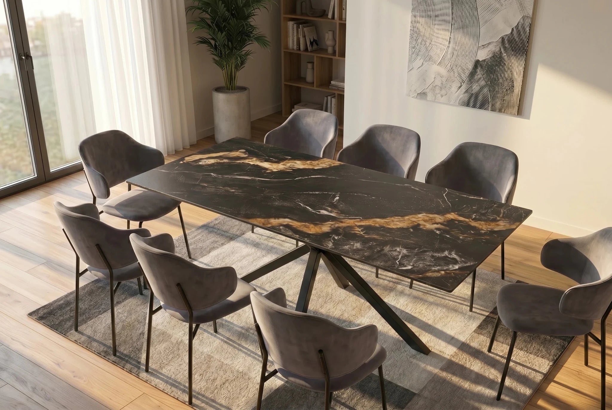 Nowoczesny stół ceramiczny 180 cm z czarnym marmurowym blatem i metalową podstawą do salonu i jadalni