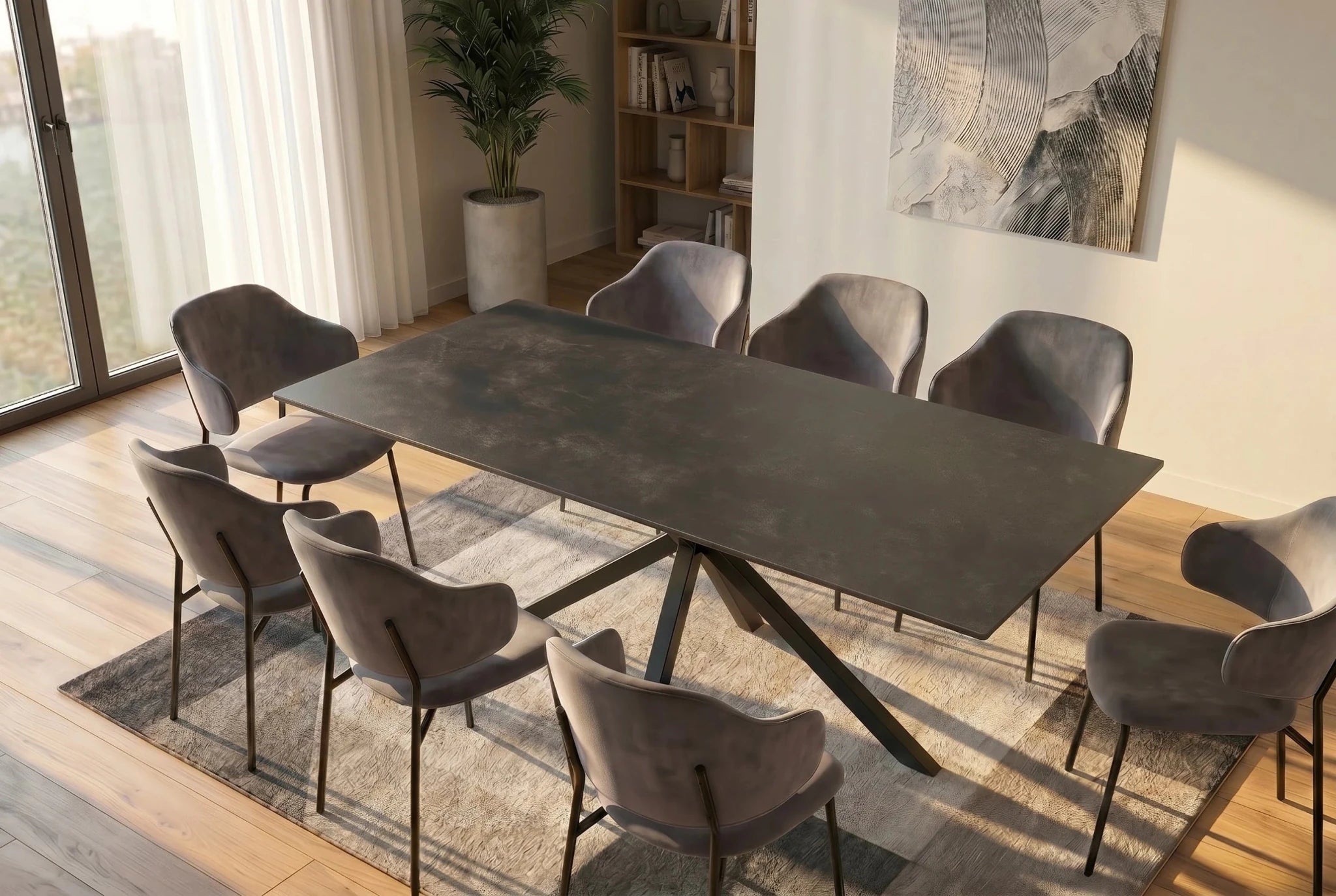 Nowoczesny stół 160 cm z szarym ceramicznym blatem i metalową podstawą do jadalni i salonu