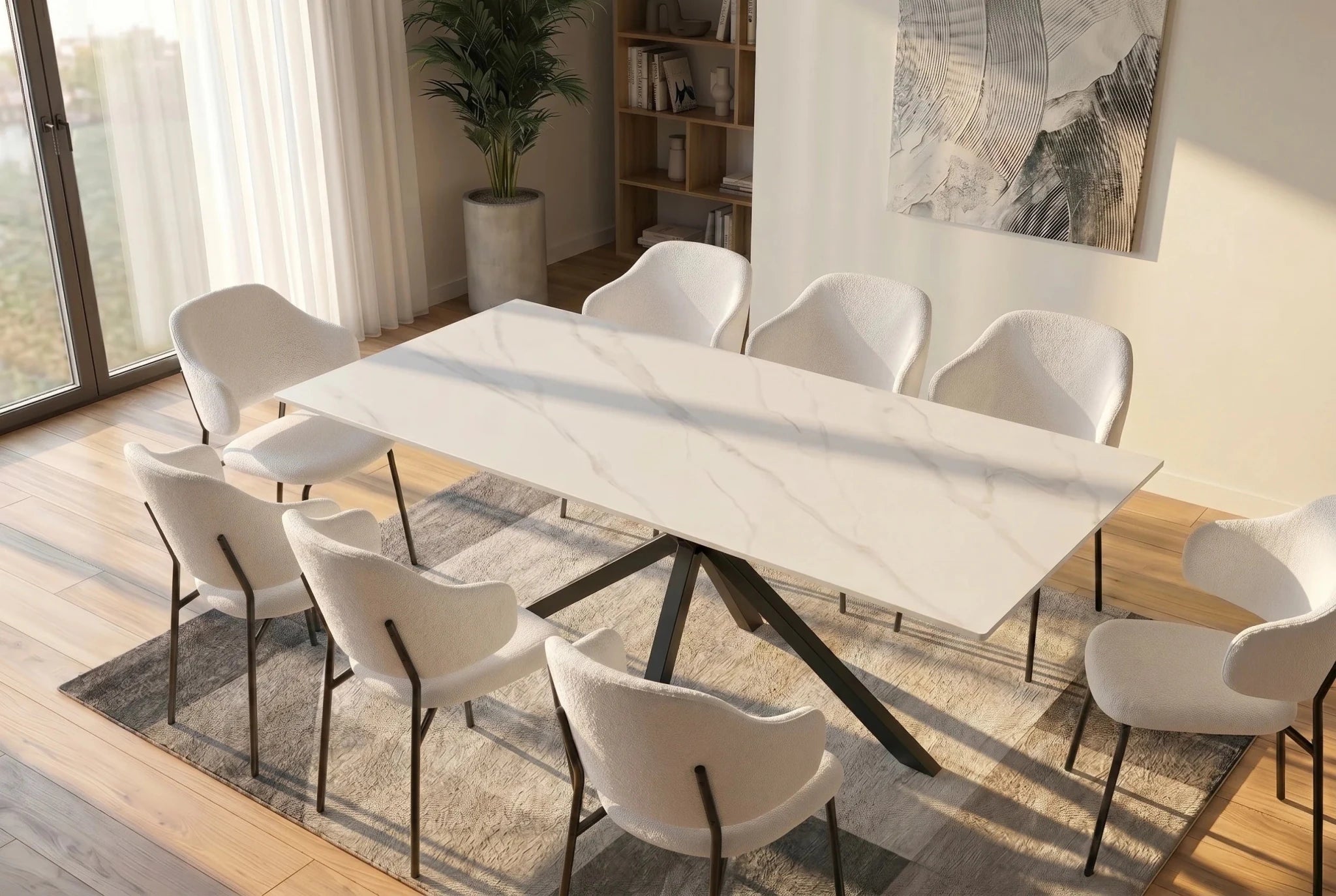 Nowoczesny stół ceramiczny 160 cm z białym marmurowym blatem i metalową podstawą do jadalni