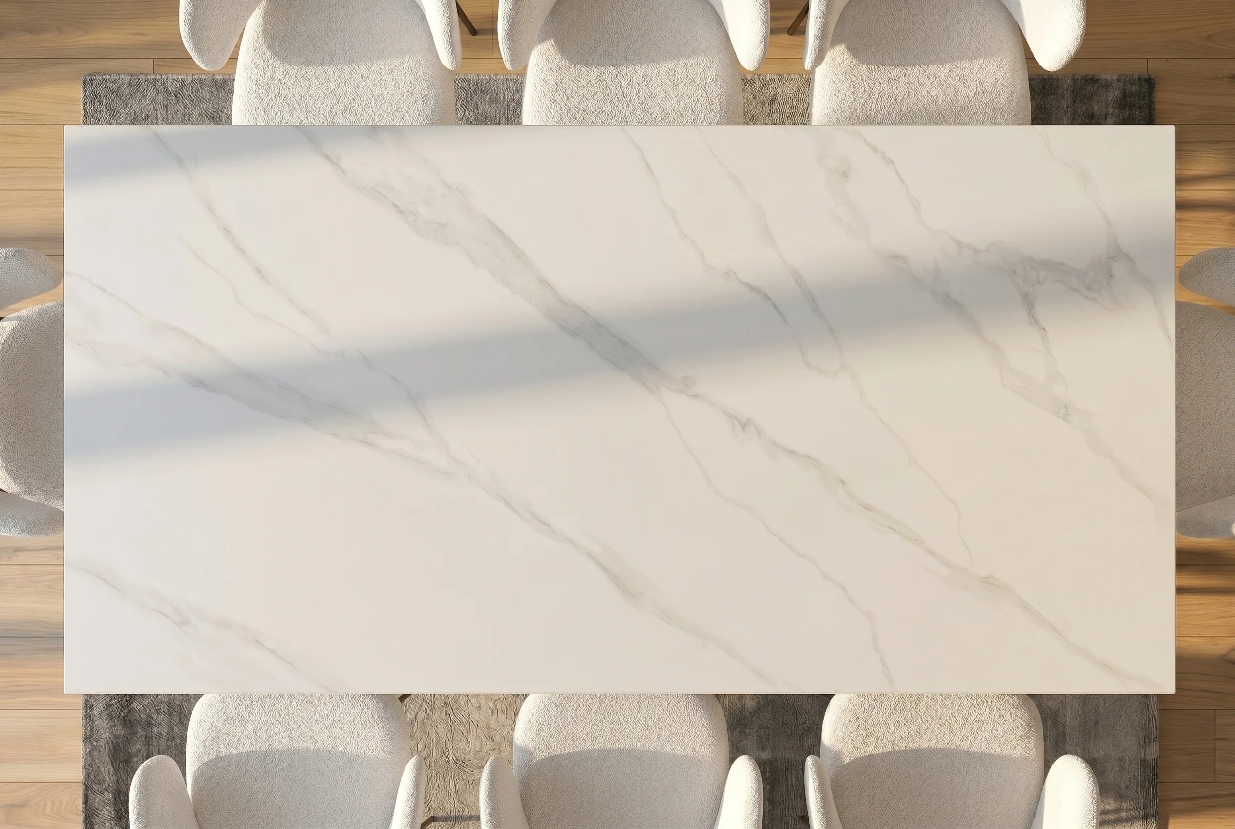 Nowoczesny stół ceramiczny 180 cm z białym marmurowym blatem i metalową podstawą do jadalni