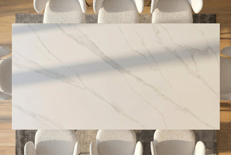 Nowoczesny stół ceramiczny 180 cm z białym marmurowym blatem i metalową podstawą do jadalni