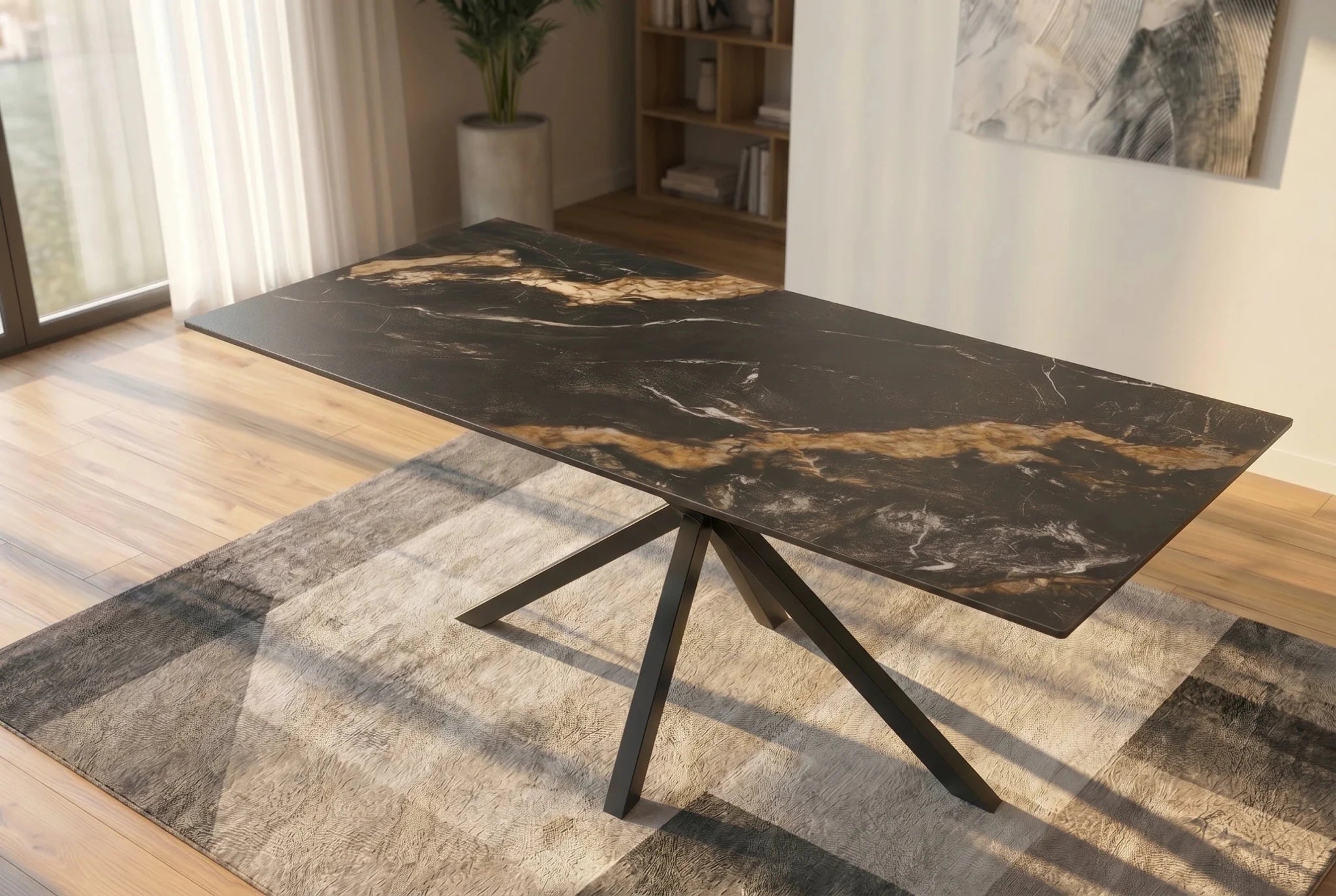 Nowoczesny stół ceramiczny 180 cm z czarnym marmurowym blatem i metalową podstawą do salonu i jadalni