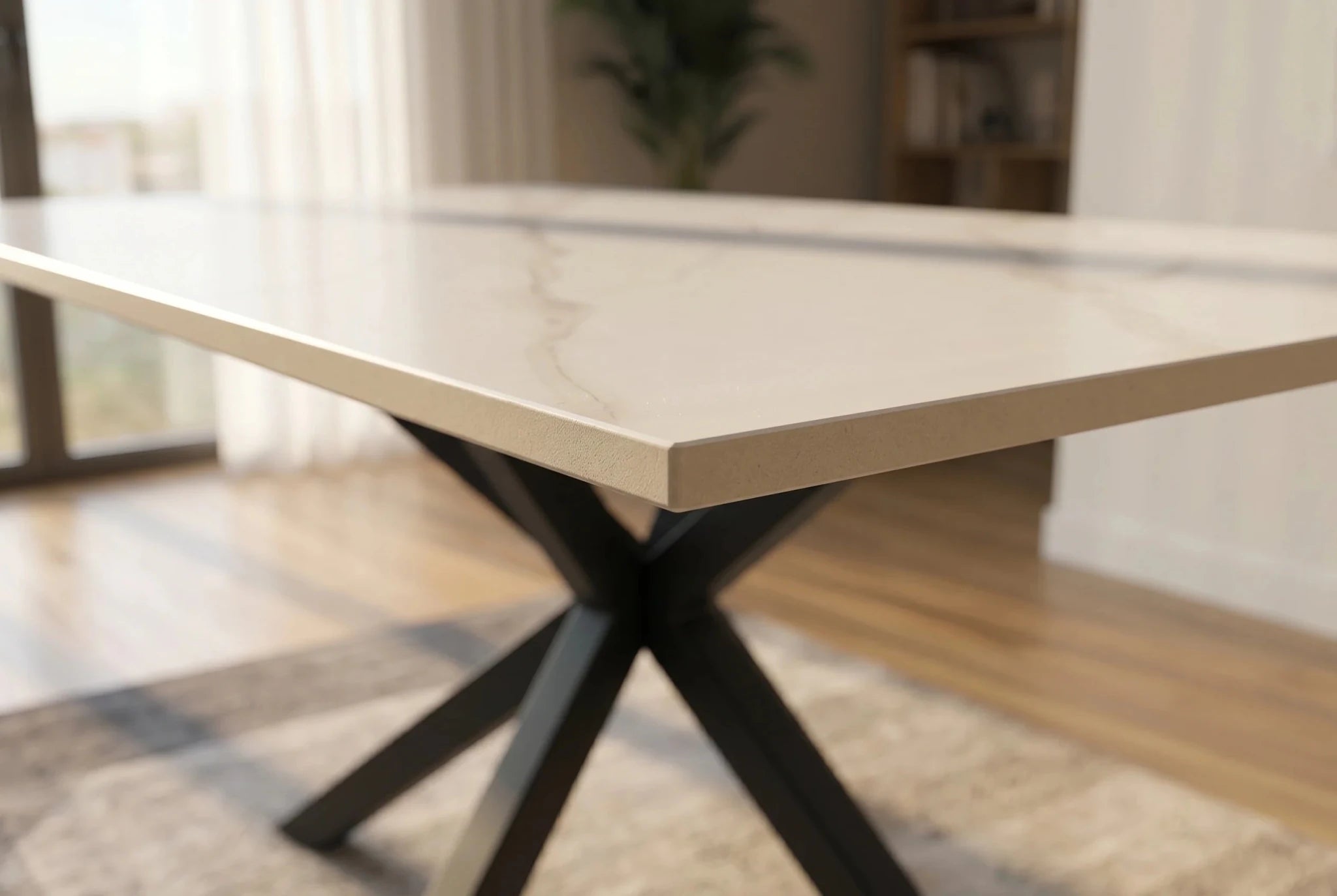 Nowoczesny stół ceramiczny 160 cm z białym marmurowym blatem i metalową podstawą do jadalni