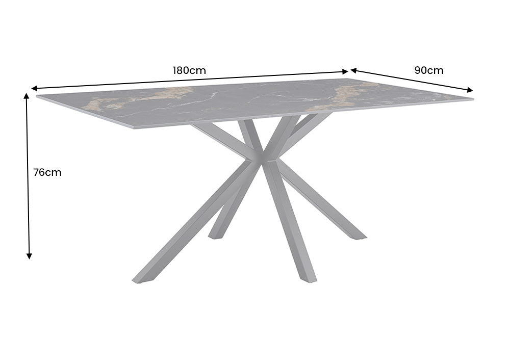 Nowoczesny stół ceramiczny 180 cm z białym marmurowym blatem i metalową podstawą do jadalni
