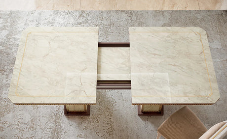 Włoski stół rozkładany do jadalni Arredoclassic Romantica optyka marmur Carrara i orzech, ze złotymi detalami i motywem meandra